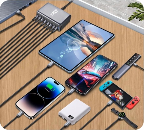 SUPER SZYBKA ŁĄDOWARKA PD 3.1 GaN 320W 8 PORTÓW USB-C/A Laptopy Telefony