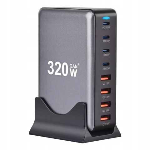 SUPER SZYBKA ŁĄDOWARKA PD 3.1 GaN 320W 8 PORTÓW USB-C/A Laptopy Telefony