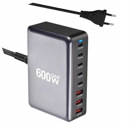 SUPERSZYBKA ŁĄDOWARKA PD 3.1 GaN 600W 8 PORTÓW USB-C/A Laptopy Telefony