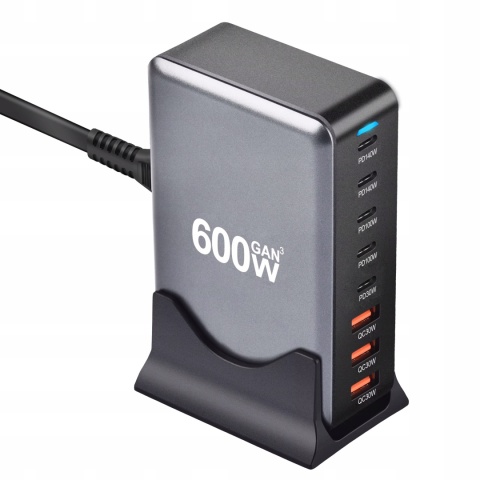 SUPERSZYBKA ŁĄDOWARKA PD 3.1 GaN 600W 8 PORTÓW USB-C/A Laptopy Telefony