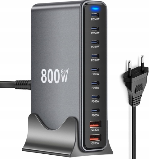 SUPERSZYBKA ŁĄDOWARKA PD 3.1 GaN 800W 10 PORTÓW USB-C/A Laptopy Telefony