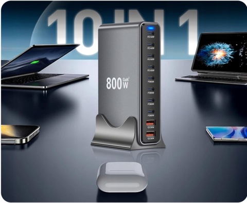 SUPERSZYBKA ŁĄDOWARKA PD 3.1 GaN 800W 10 PORTÓW USB-C/A Laptopy Telefony