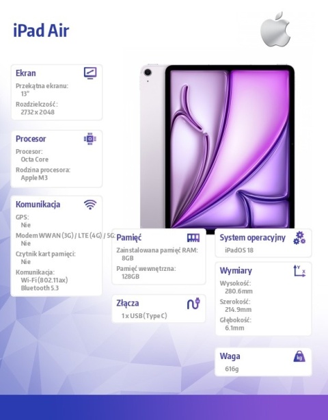 Tablet Apple iPad Air 13" 8 GB / 128 GB fioletowy - GRATIS ETUI CASE