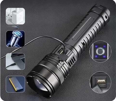 POTĘZNA LATARKA LED LASER DALEKOSIĘŻNA 2w1 XPE + COB Power-Bank 2000m USB-C