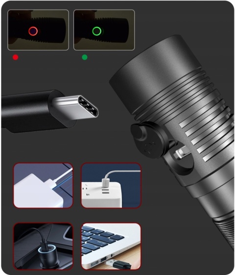 PREMIUM! BARDZO MOCNA LATARKA LED KOMPAKTOWA Z10 1400lm USB-C 4800 mAh