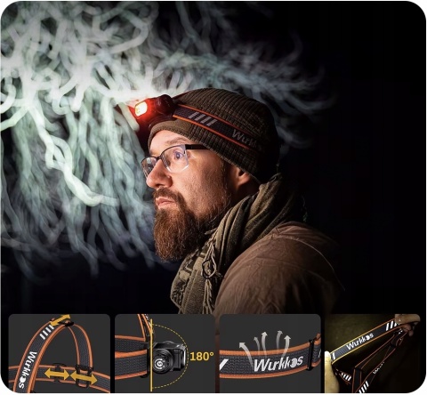 PREMIUM ! LATARKA CZOŁOWA WURKKOS HD16 2500lm LED 3 TRYBY 18650 CZERWONE