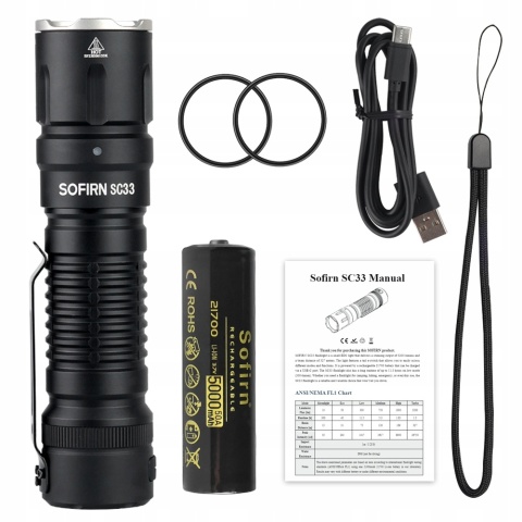 PREMIUM Latarka Sofirn SC33 5200lm LED EDC XHP70 + aku 21700 5000mAh 6000K