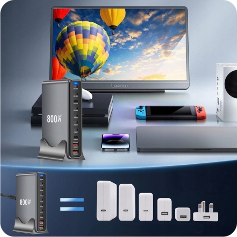SUPERSZYBKA ŁĄDOWARKA PD 3.1 GaN 800W 10 PORTÓW USB-C/A Laptopy Telefony